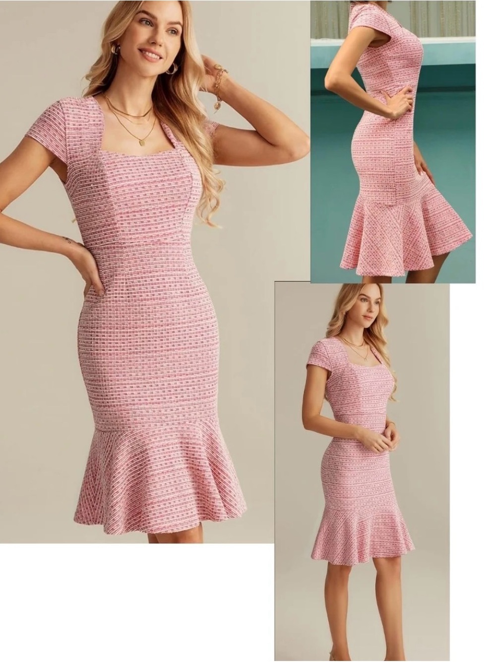 Grace Karin Pink Tweed Square Neck Mini Fit and Flare Dress Sz S VTG 60s Insp
